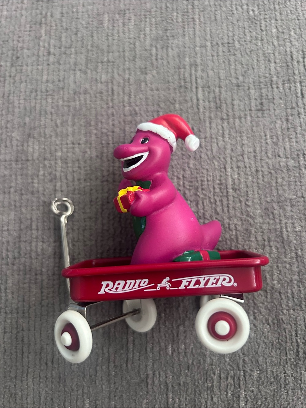 Red Wagon Ornament with Pink Barney Dinosaur in Santa Hat